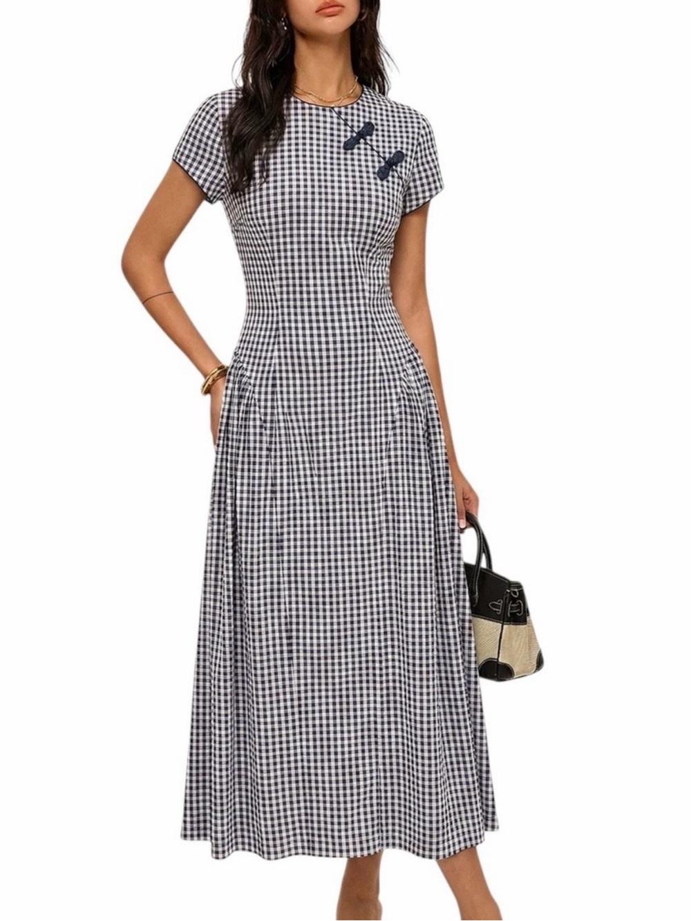 Commense Navy White Gingham Frog Button Short Sleeve Midi Dress XS NWT